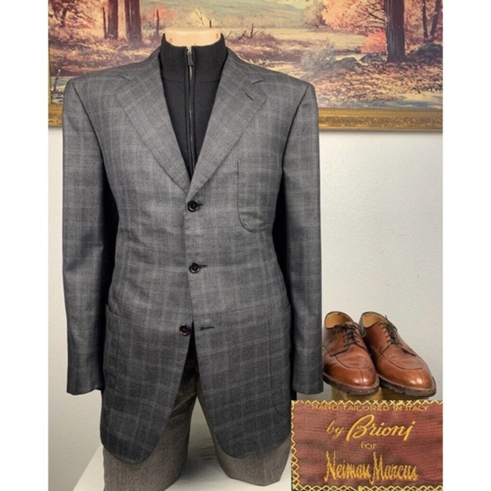 44R Brioni Gray Windowcheck Silk‎ & Wool Blend Sport Coat